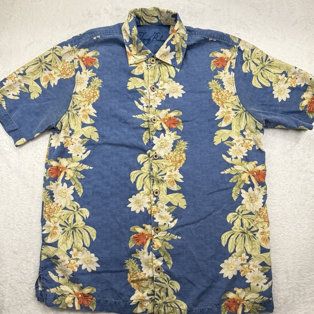 Tommy Bahama Shirt Mens Small Blue Silk Floral Hawaiian Pineapple Button Up Camp
